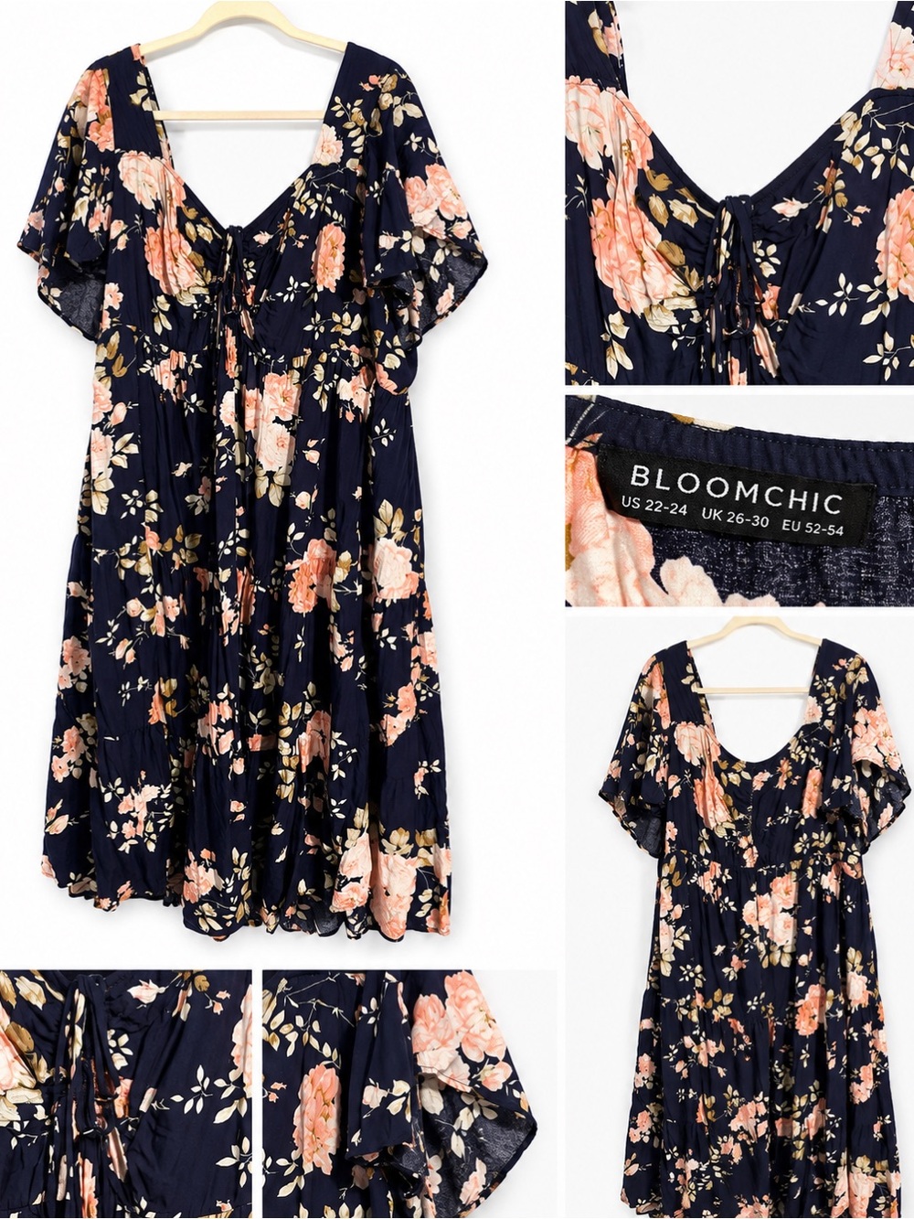 BloomChic Navy Floral Midi Dress | Size 22/24 | Flutter Sleeves | Pockets |